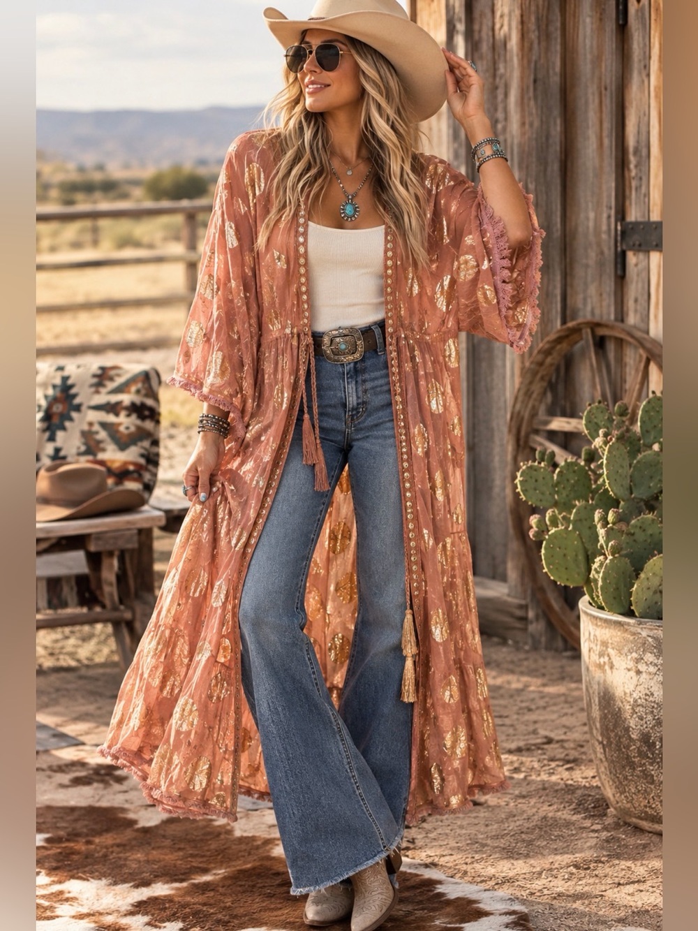 ARULA Rust Metallic Gold Leaf Duster Cover-Up
